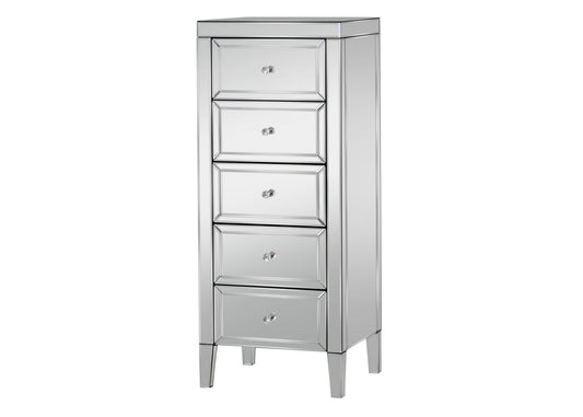 Valencia 5 Drawer Narrow Chest - Glamorous Mirrored Finish with Bevelled Edges and Mock Crystal Handles, Pre-Assembled