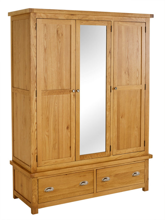 Woburn Solid Oak 3-Door Wardrobe with 2 Drawers, Rustic Style with Cup Handles, Spacious Storage