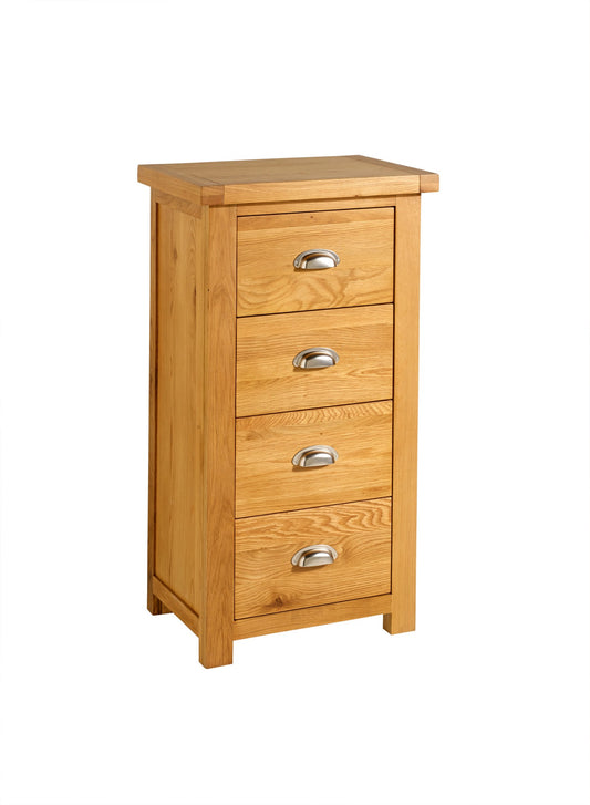 Woburn 4-Drawer Narrow Chest - Solid Oak, Rustic Style with Cup Handles, Ample Storage, Space-Saving Design