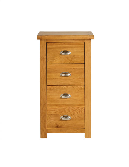 Woburn 4-Drawer Narrow Chest - Solid Oak, Rustic Style with Cup Handles, Ample Storage, Space-Saving Design