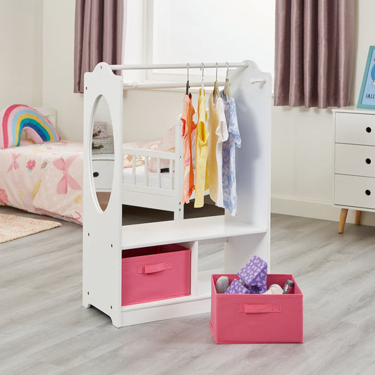 White Wooden Dress Up Unit With Pink Storage Boxes