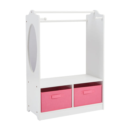 White Wooden Dress Up Unit With Pink Storage Boxes