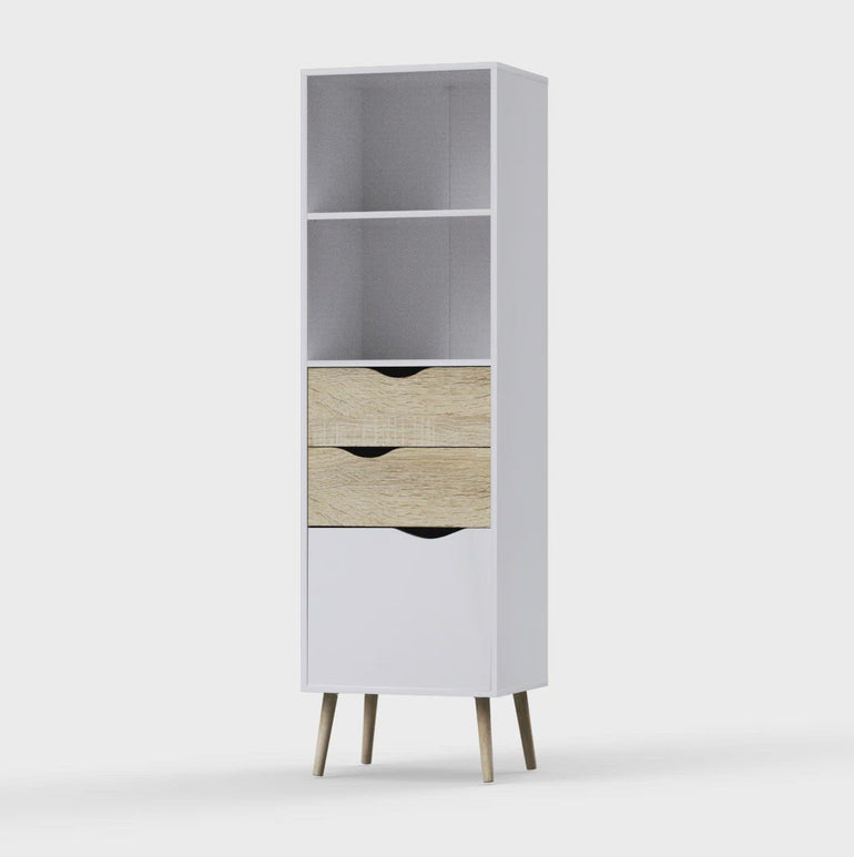 Scandinavian Retro Modern Oslo Bookcase - White and Oak with 2 Drawers 1 Door - PEFC Certified Sustainable Wood - Made in Denmark