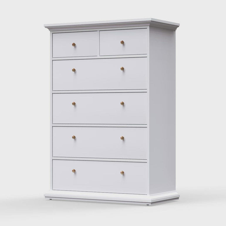 Paris Collection 6-Drawer Chest - Elegant Classic Style, Scratch & Moisture Resistant, Sustainable Wood, Easy Glide - 962x1394x485mm