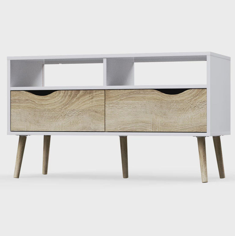 Scandinavian Retro Modern Oslo TV Stand with 2 Drawers - White and Oak Finish - Sustainable Wood - Easy Assembly - Made in Denmark