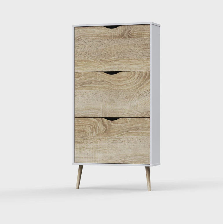 Scandinavian Retro Modern Oslo Shoe Cabinet with 3 Drawers - White and Oak Finish - Sustainable Wood - Made in Denmark