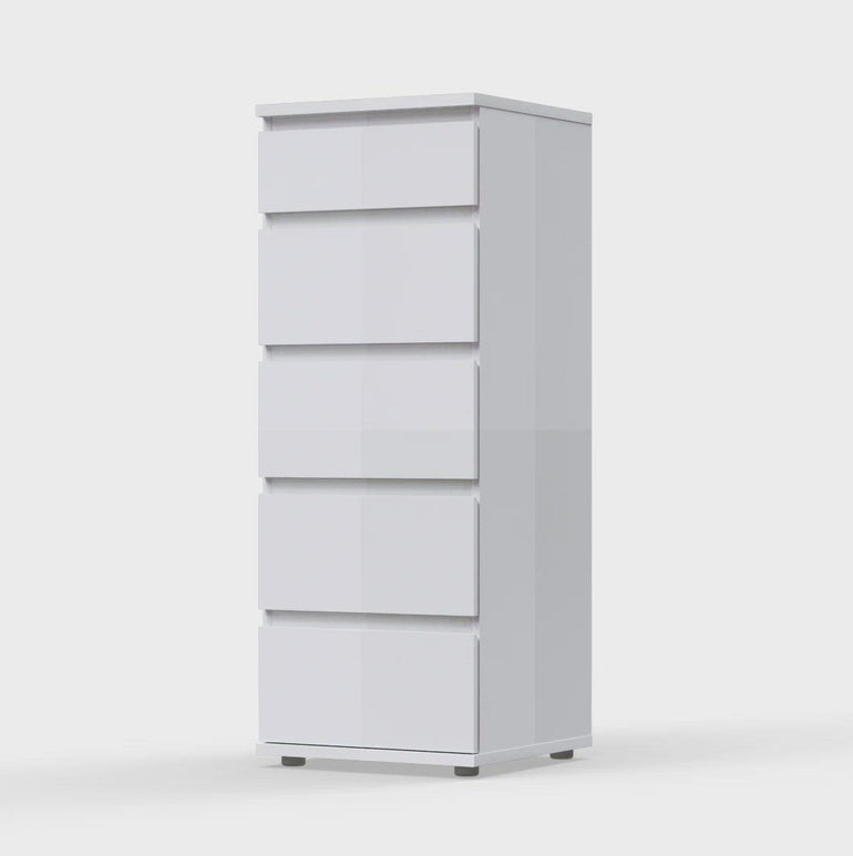 Nova 5-Drawer Narrow Chest - Handle-less Design, Soft Edges, Fade-Resistant, Easy Clean, Sustainable Wood, Made in Denmark - 402x106