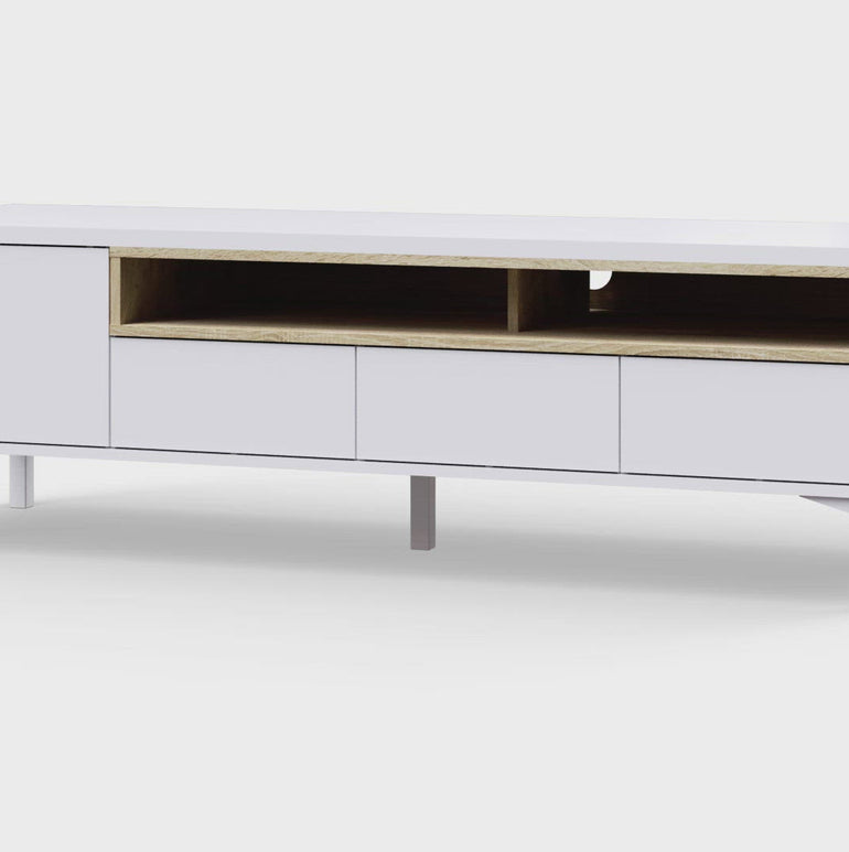 Roomers Modern TV Stand with 3 Drawers and 1 Door - White and Oak Finish - Sustainable Wood Construction - 1557x482mm
