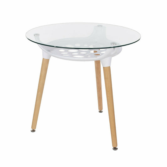 Aspen round clear glass top table with white plastic underframe & wooden legs