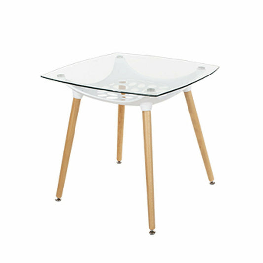 Aspen square clear glass top table with white plastic underframe & wooden legs