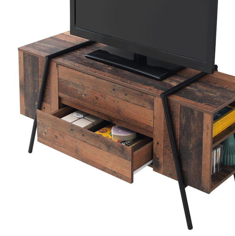 Abbey TV Unit Stand Cabinet Rustic Industrial Living Room Furniture - 2 Drawers & 4 Shelves