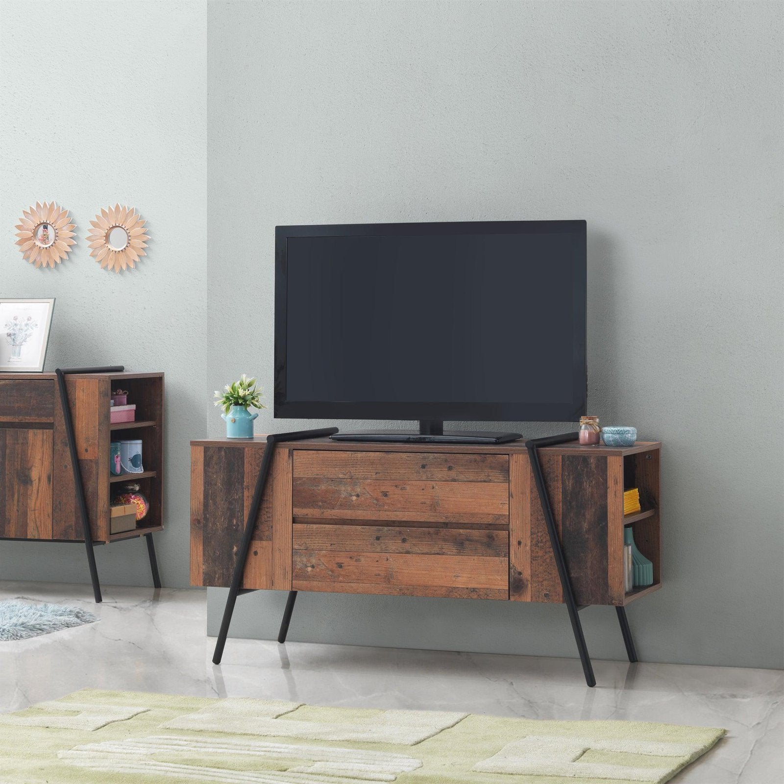 Abbey TV Unit Stand Cabinet Rustic Industrial Living Room Furniture - 2 Drawers & 4 Shelves
