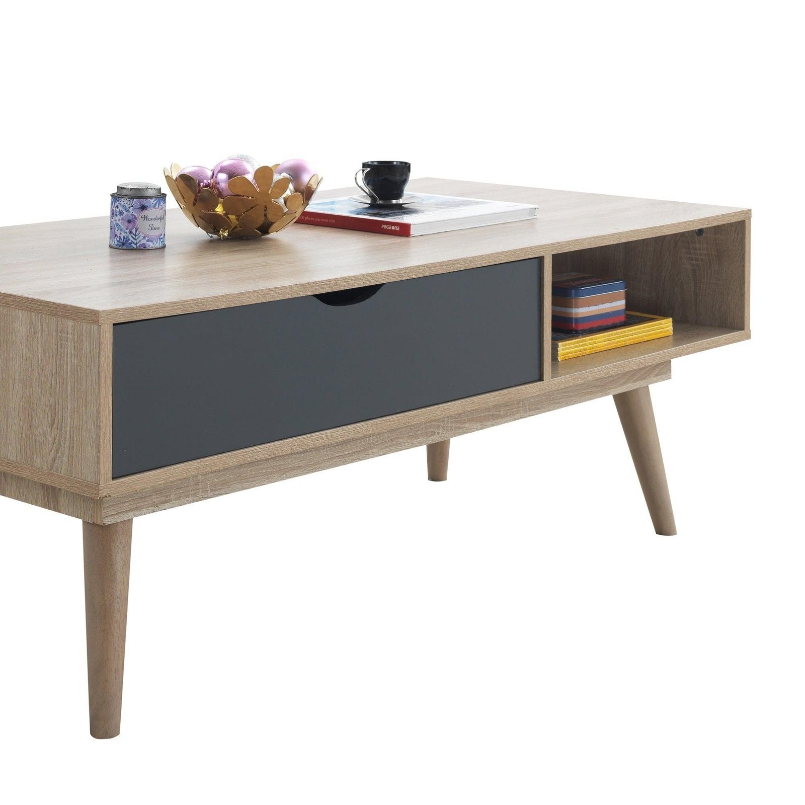 Alford Scandinavian Style Coffee Table with 1 Drawer & 2 Open Shelves