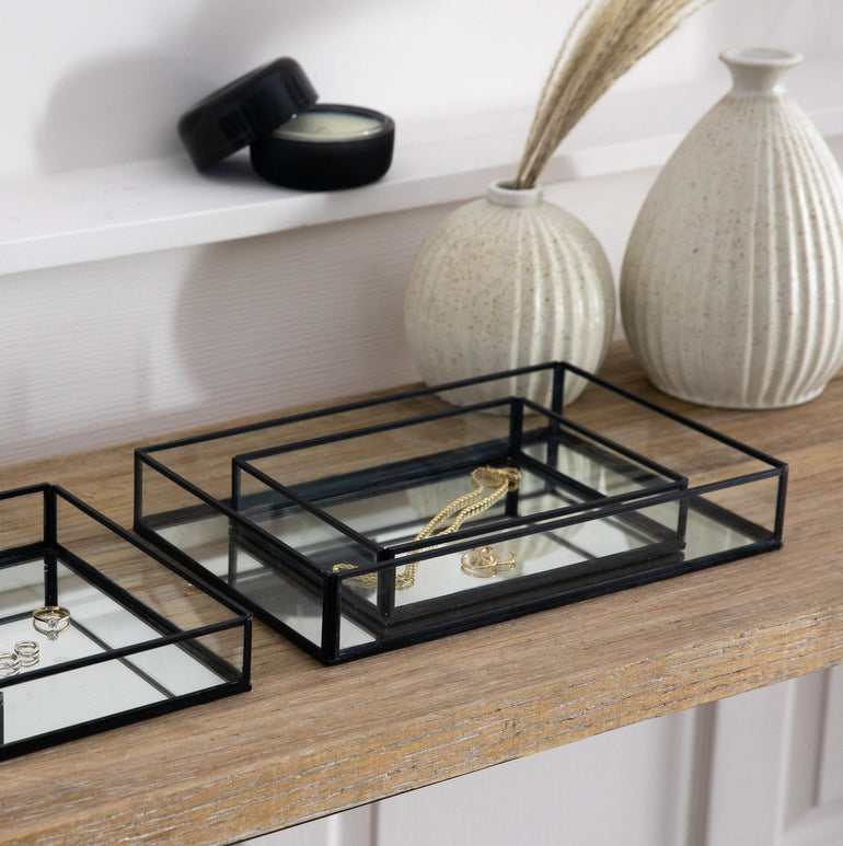Evoque Handmade Glass Decorative Trays with Mirrored Bases Set of 2