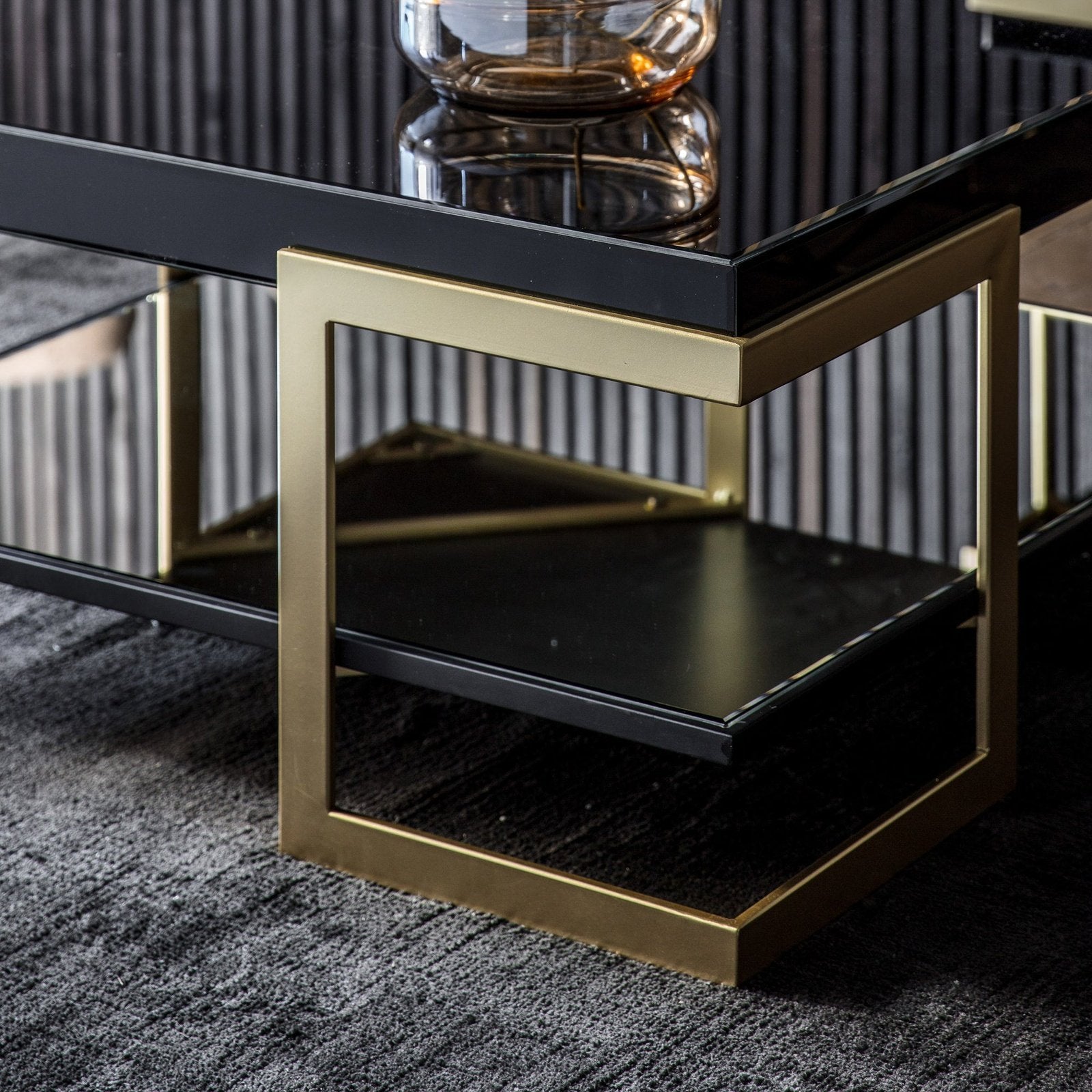 Pharaoh Coffee Table - Gold Metal Base - Black Glass Top