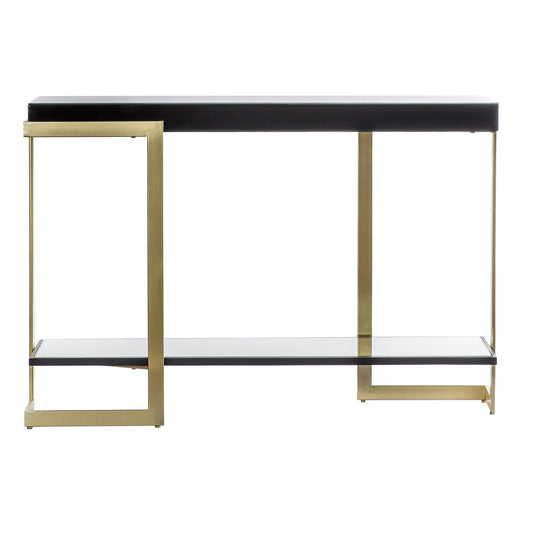 Pharaoh Console Table with Shelf - Gold Metal Base - Black Glass Top