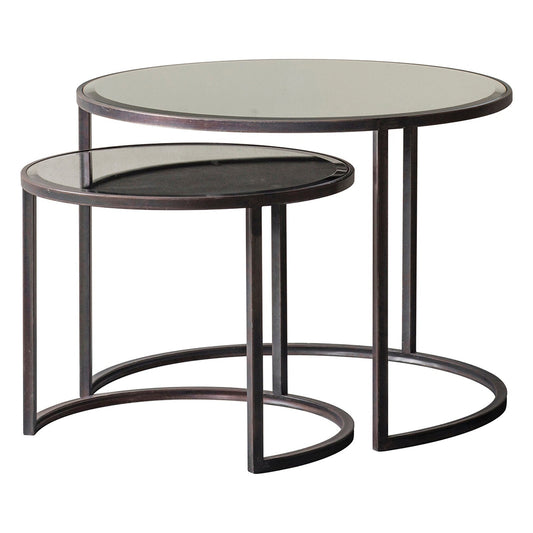 Rustique Bronze Nesting Coffee Tables Set of 2 - Iron Frames - Glass Mirrored Tops