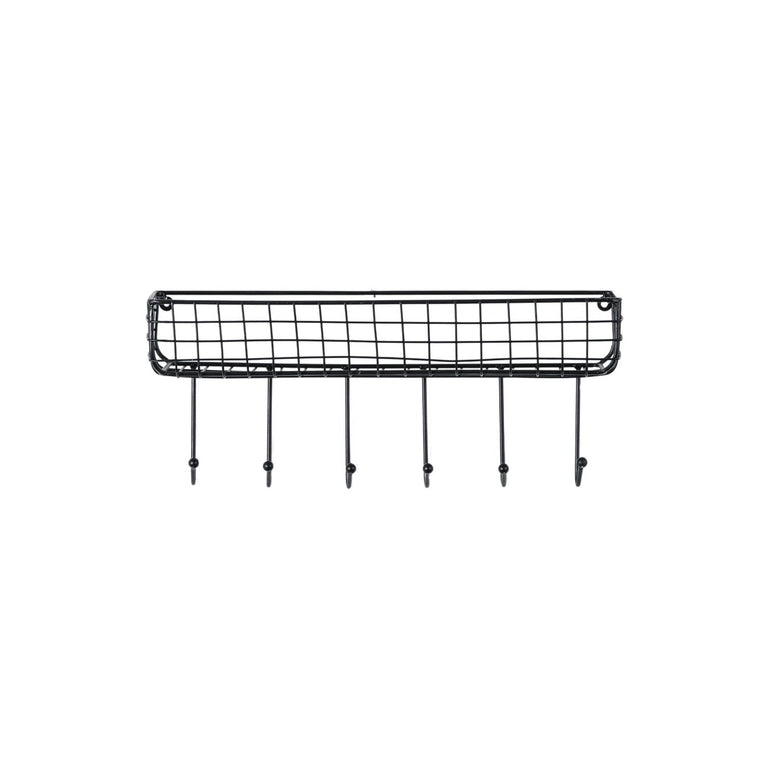 Hardy Black Wire Shelf with 6 Hooks - Industrial Style Wall Hooks