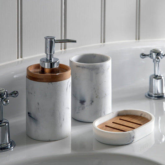 White Marble Effect 3 Piece Bathroom Sink-top Set - Soap Dish, Tumbler & Soap Dispenser