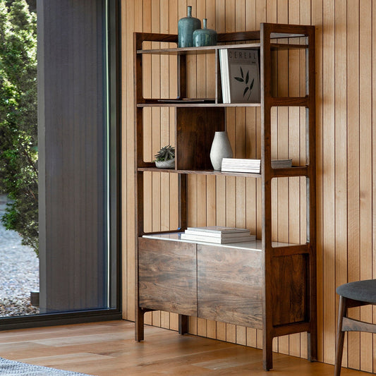 Cabrera 2 Door 4 Shelf Display Unit - White Marble Tops - Acacia Wood