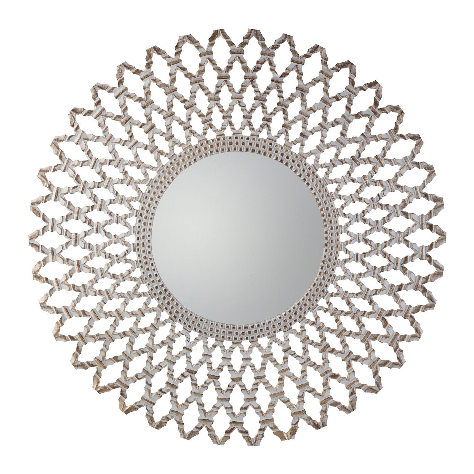 Sunburst Mirror 122 x 122cm - Latticework Circular Frame - Whitewash & Gold Accents