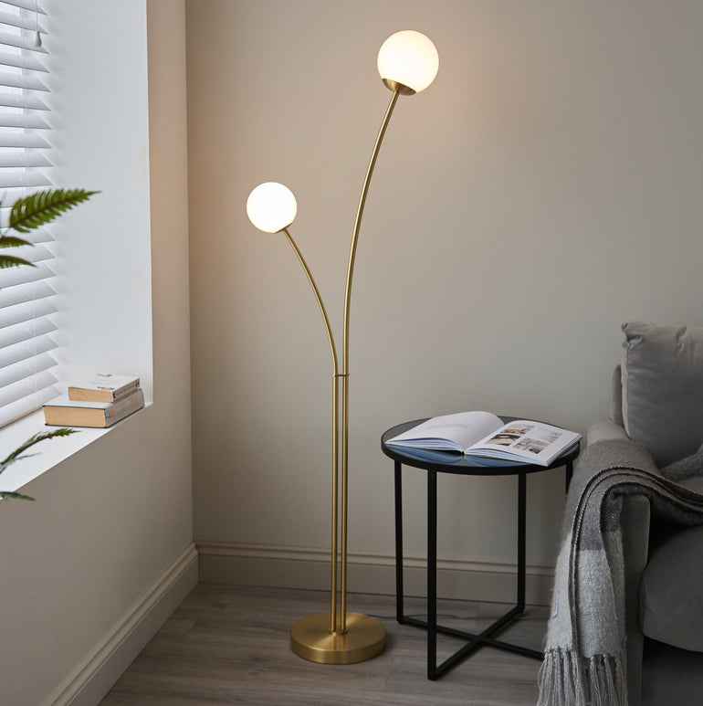 Spring Awakening Floor Lamp - 2 LED Lights - Brushed Brass & Gloss White Glass