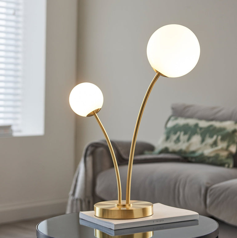 Spring Awakening Table Lamp - 2 LED Lights - Brushed Brass & Gloss White Glass