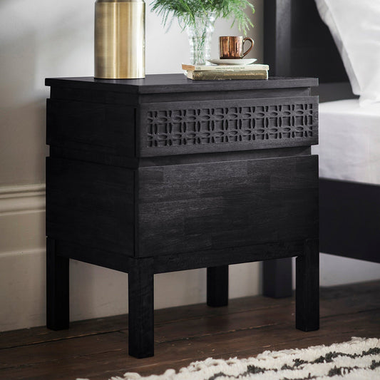 Boho Boutique 2 Drawer Bedside Table - Ethnic Design Detail - Mixed Timber Veneers