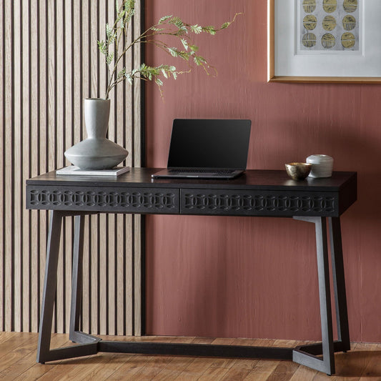 Boho 2 Drawer Desk - Ethnic Design Detail - Mixed Timber Veneers