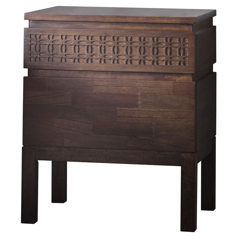 Boho Boutique 2 Drawer Bedside Table - Ethnic Design Detail - Mixed Timber Veneers