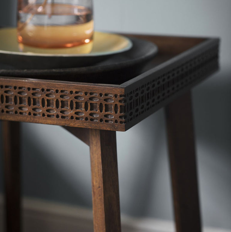 Boho Boutique Tray-Top Bedside Table - Ethnic Design Detail - Mixed Timber Veneers
