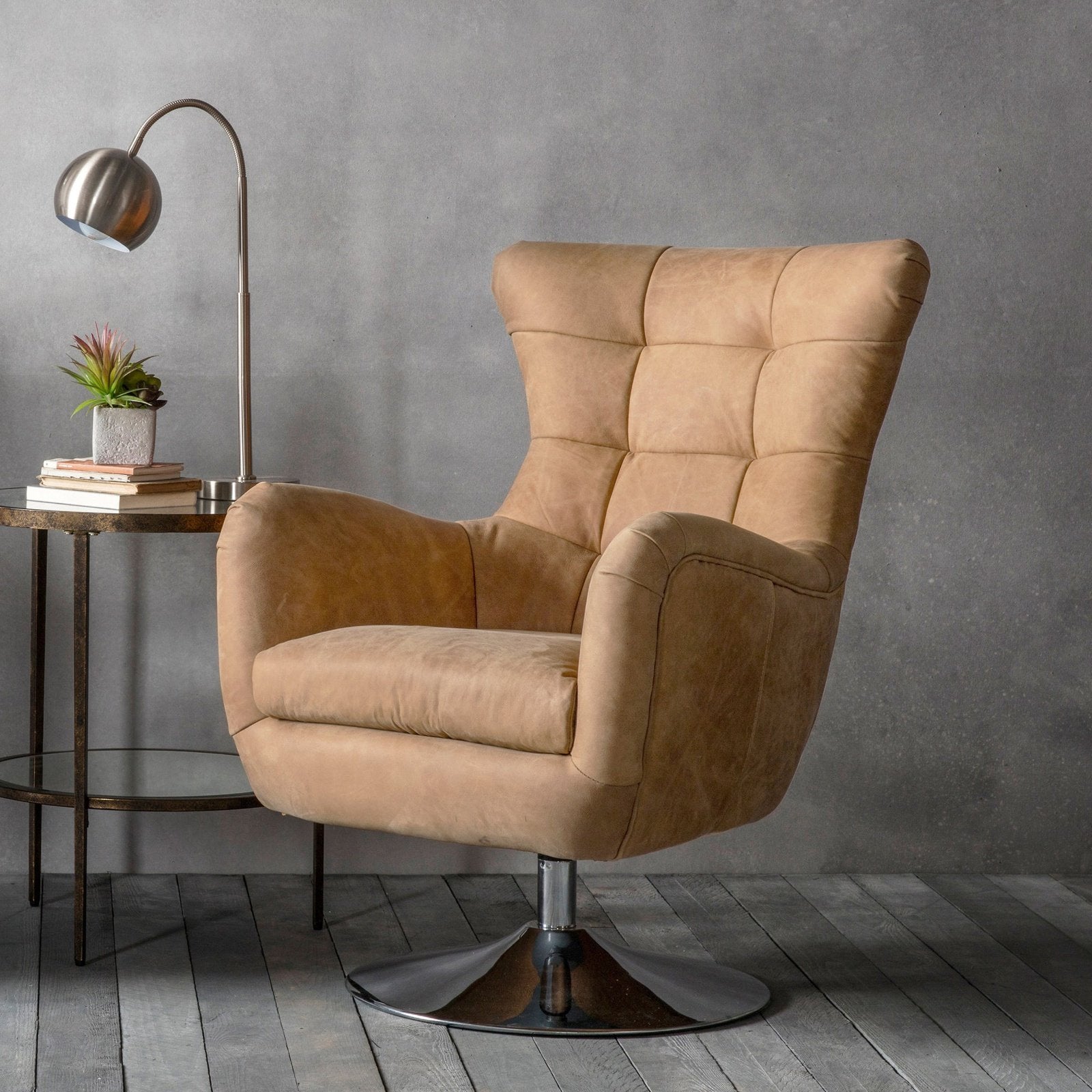 Hammersmith Leather Swivel Chair - Padded Seat - Pinch Pleated Back