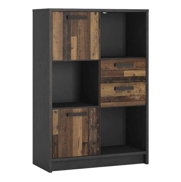 Brooklyn Low Bookcase with 2 Doors and 2 Drawers in Walnut and Dark Matera Grey