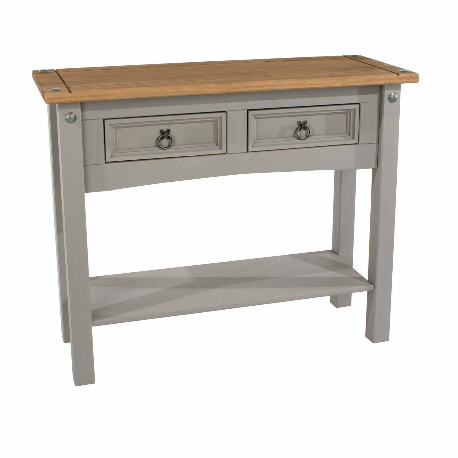 Corona Grey 2 drawer hall table with shelf non dovetail drawer