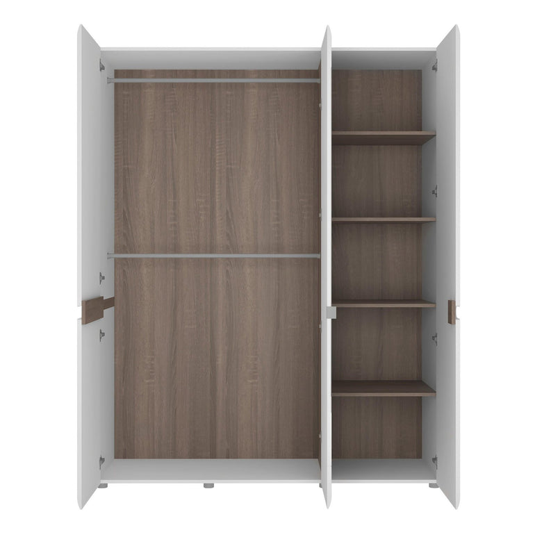 Chelsea 3 Door Wardrobe with Mirror and Internal shelving in White with Oak Trim