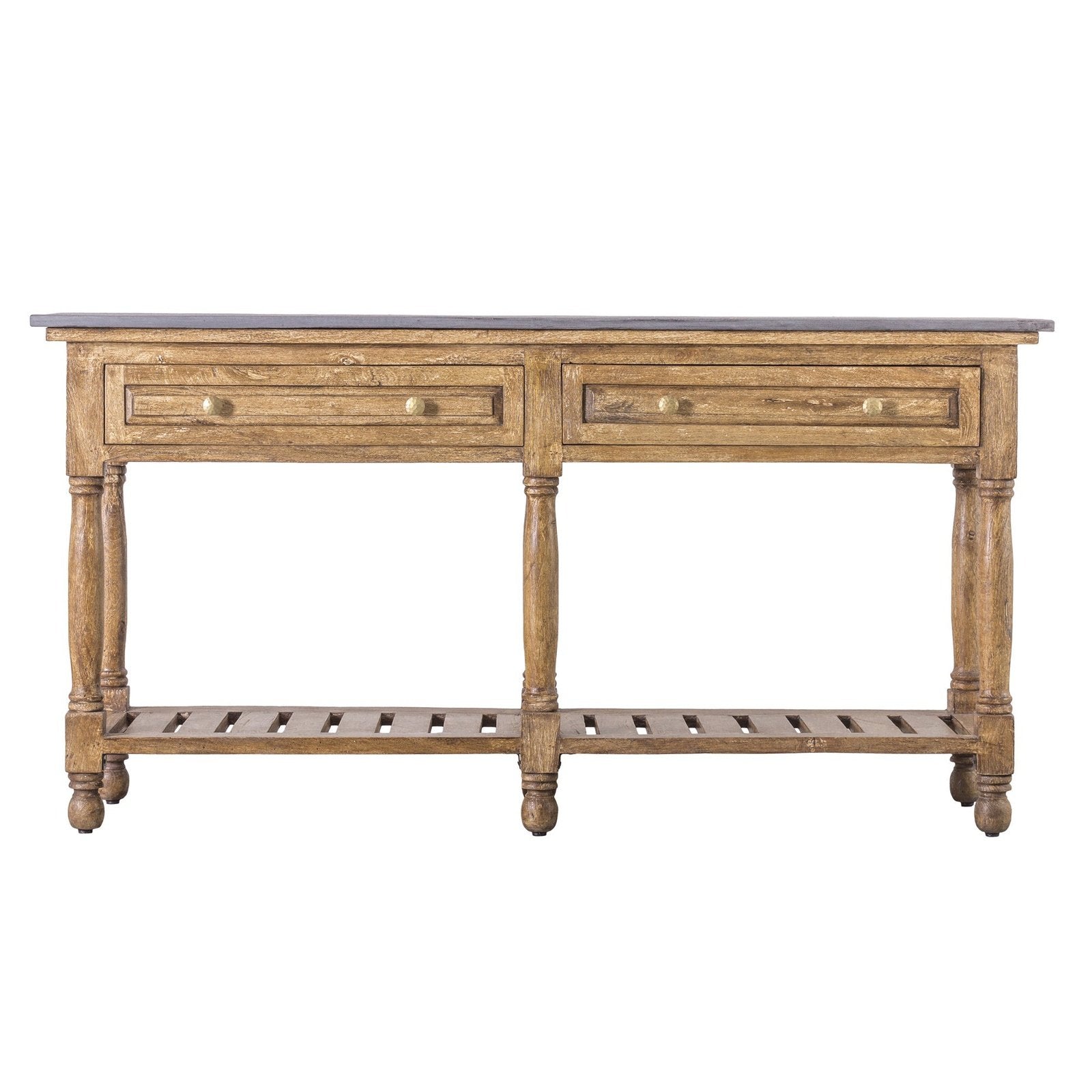 Tudor 2 Drawer Console - Marble Tabletop - Low Slatted Shelf
