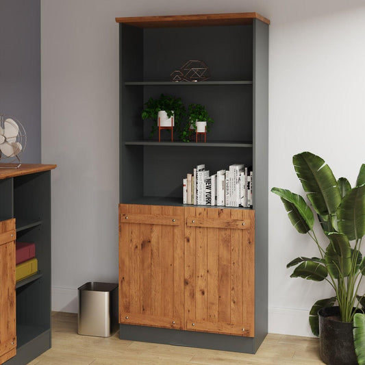 Cottage Living 2 Door Bookcase Cabinet in Wotan Oak & Dark Grey
