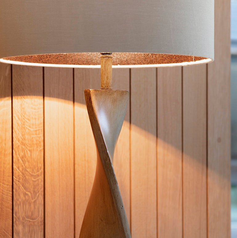 Fabio LED Floor Lamp - Natural Oak Effect Resin - Natural Linen Class 2 Endon Base & Shade