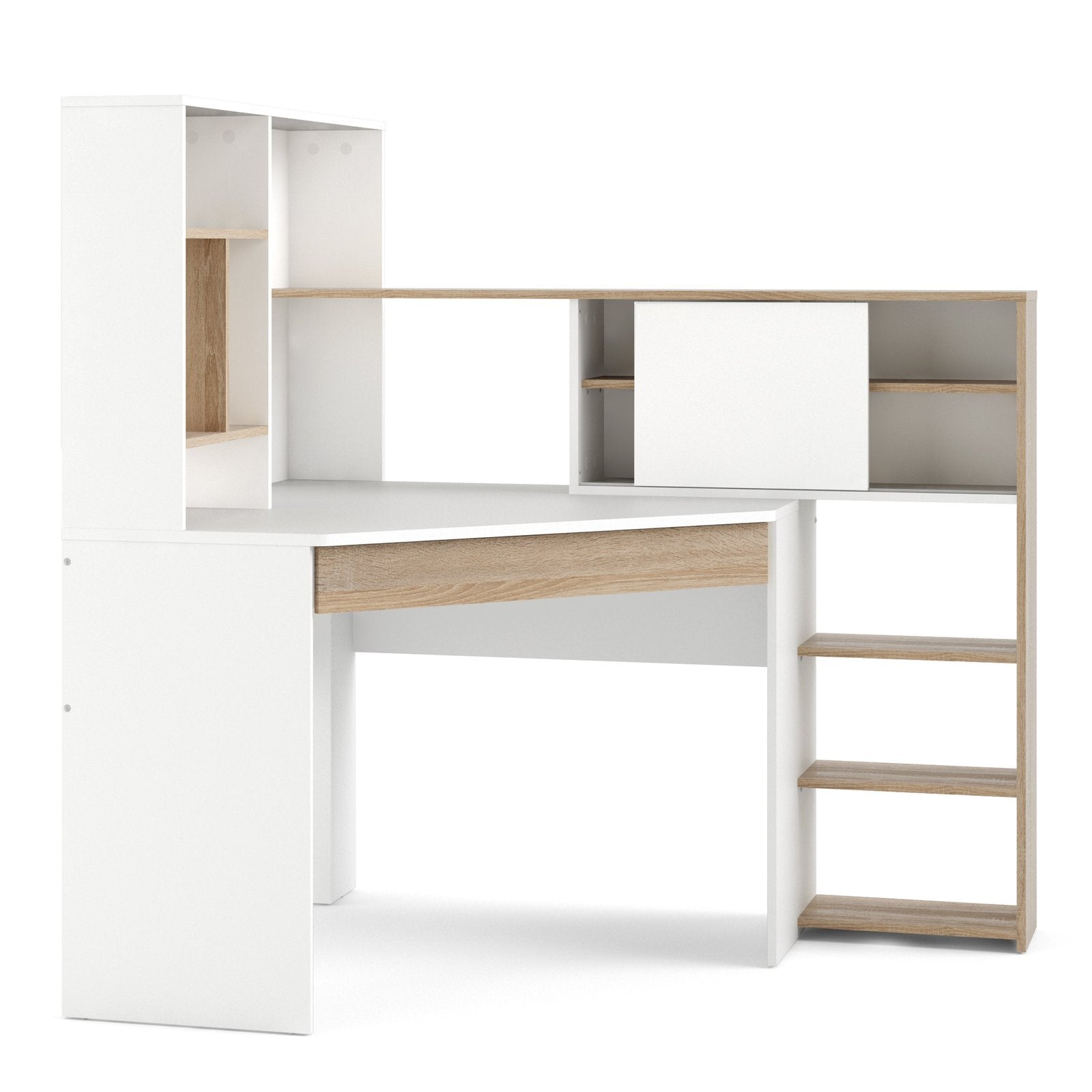 Function Plus Corner Desk with multi-functional unit In White and Oak
