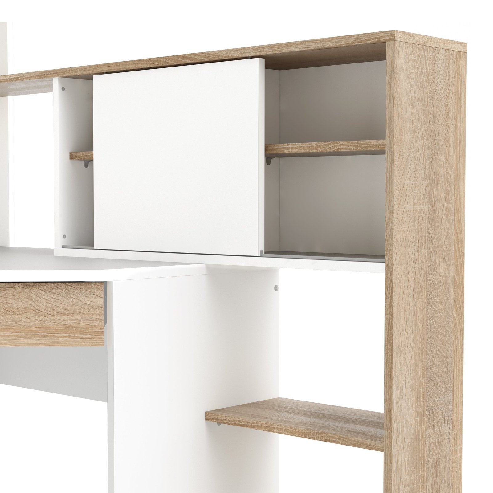 Function Plus Corner Desk with multi-functional unit In White and Oak