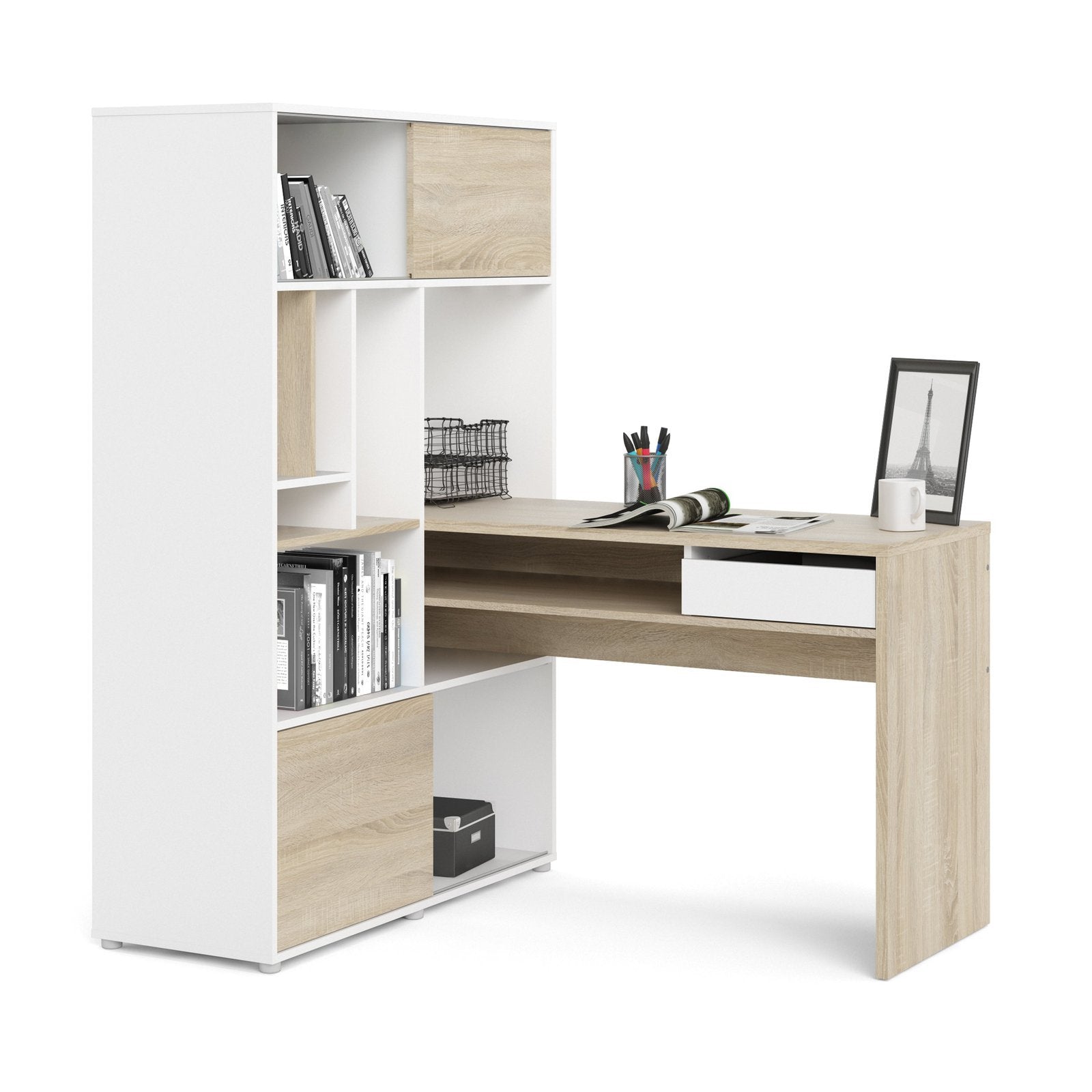 Function Plus Desk with multi-functional storage unit In White and Oak