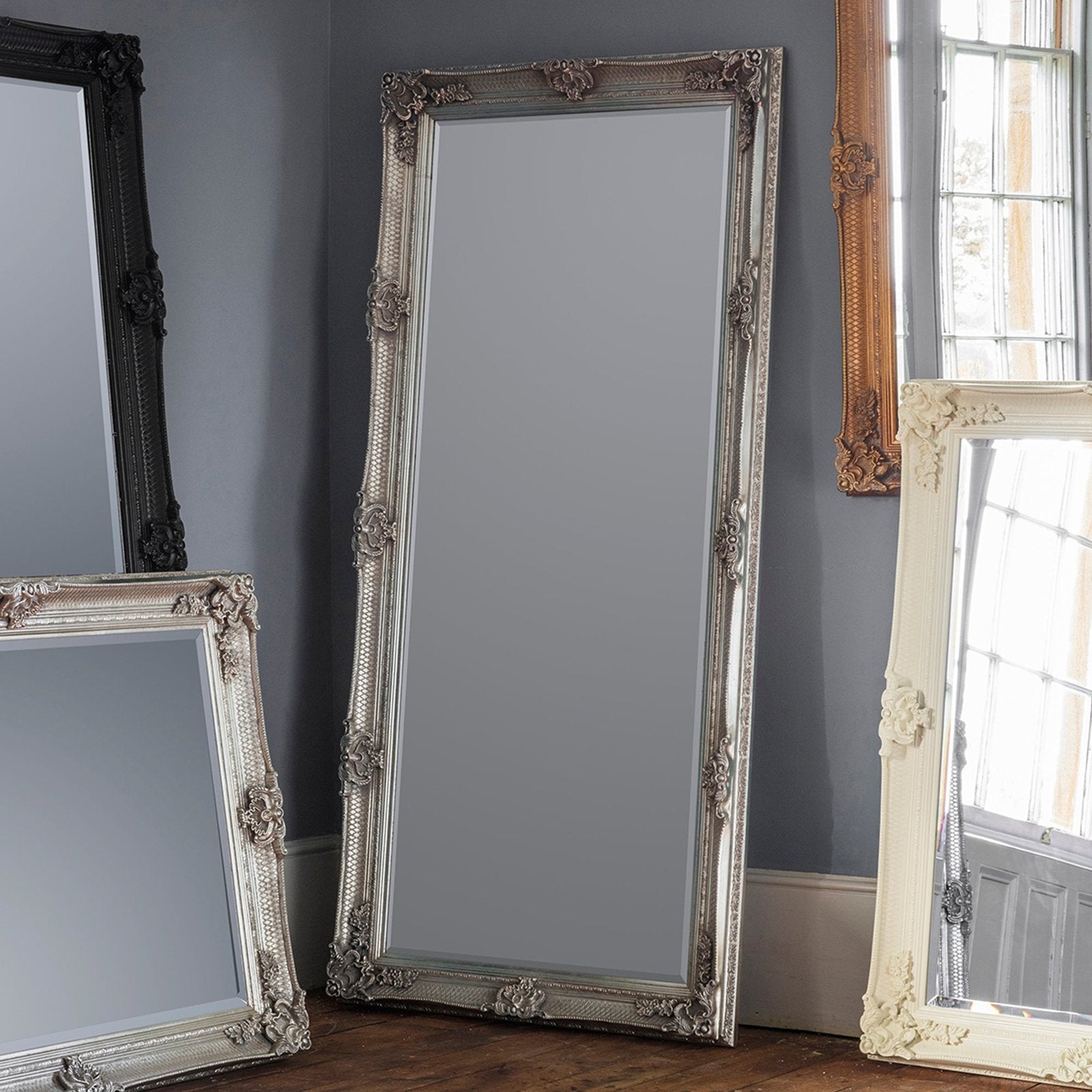 Harriette Leaner Mirror 165 x 79.5cm - Baroque Style Wood Frame - Handcrafted Bevelled Glass