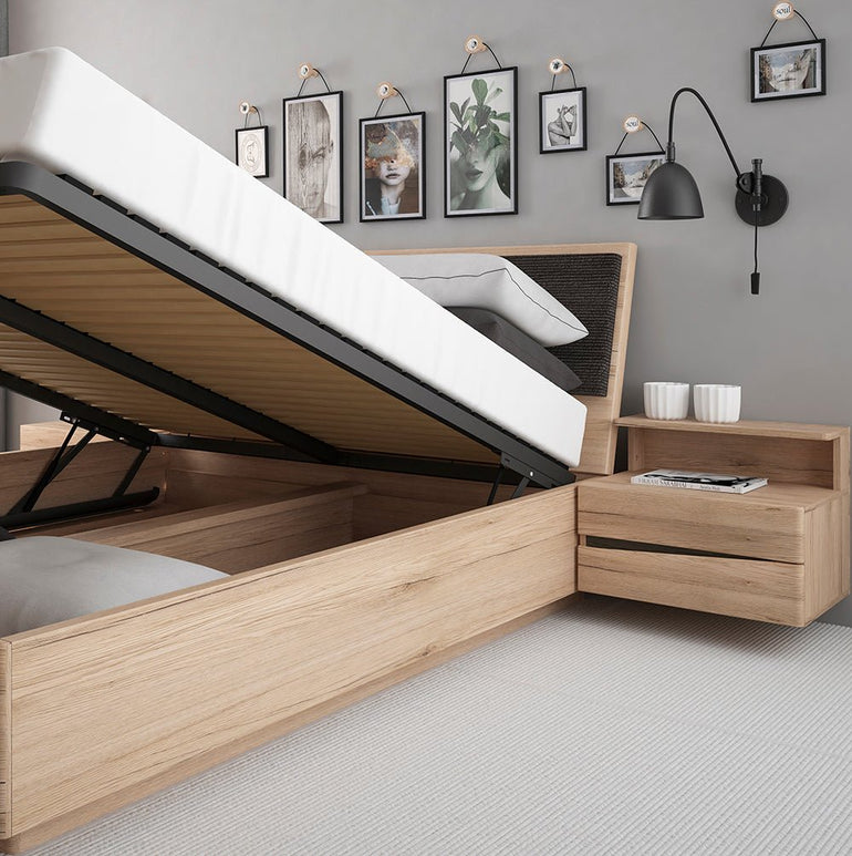 Kensington Bed frame with Lift-up Frame inc slats in Oak with Dark Trim Melamine
