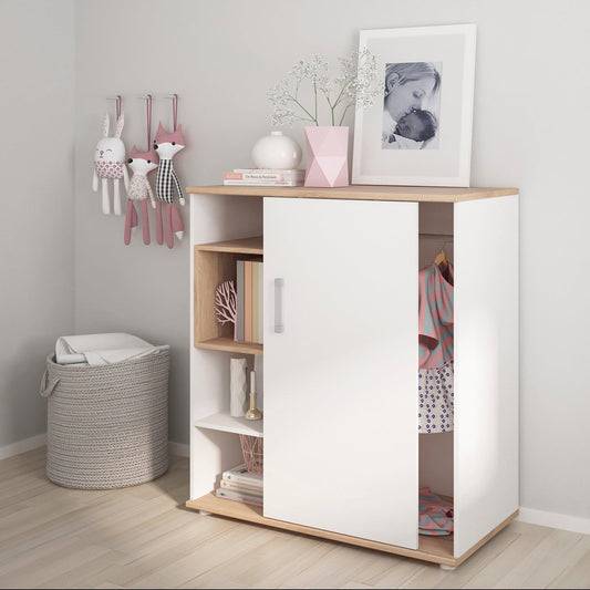 4Kids Low Cabinet with shelves Sliding Door in Light Oak and High Gloss White