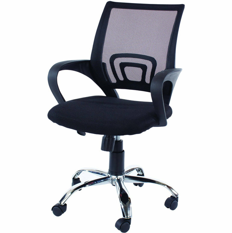 Loft Home Office Study Chair In Black Mesh Back, Black Fabric Seat & Chrome Base