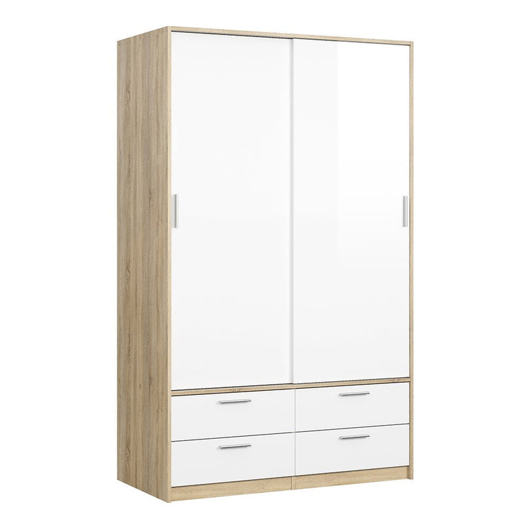 Line Wardrobe - 2 Doors & 4 Drawers in Oak with High Gloss White