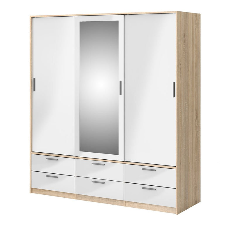 Line Wardrobe - 3 Doors & 6 Drawers in Oak with High Gloss White