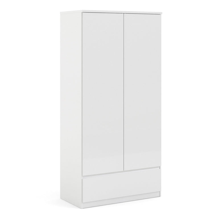 Naia Wardrobe with 2 Doors & 1 Drawer in High Gloss White