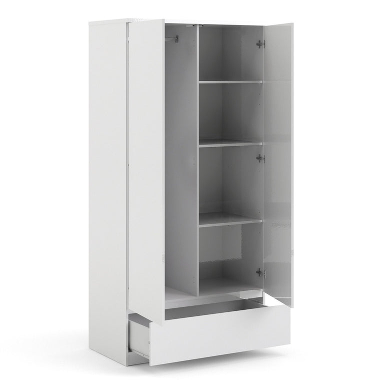 Naia Wardrobe with 2 Doors & 1 Drawer in High Gloss White