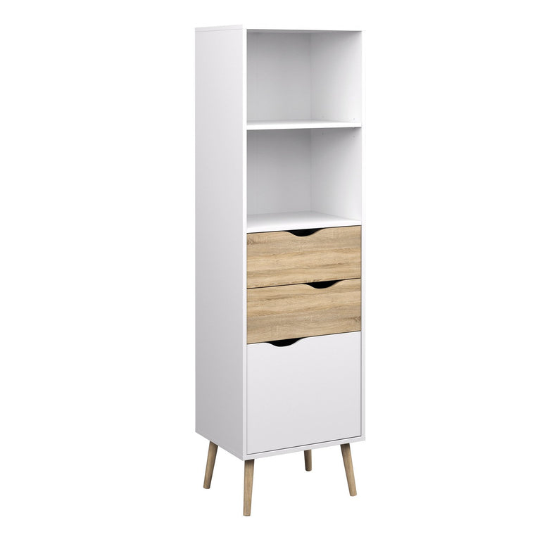 Oslo Bookcase with 2 Drawers 1 Door in White and Oak